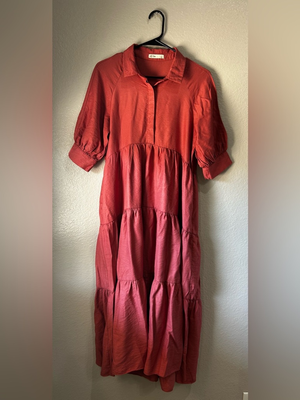 La Ven Women’s Poplin Tiered Collared Maxi Dress Shimmer Pink Sz S Boho Summer